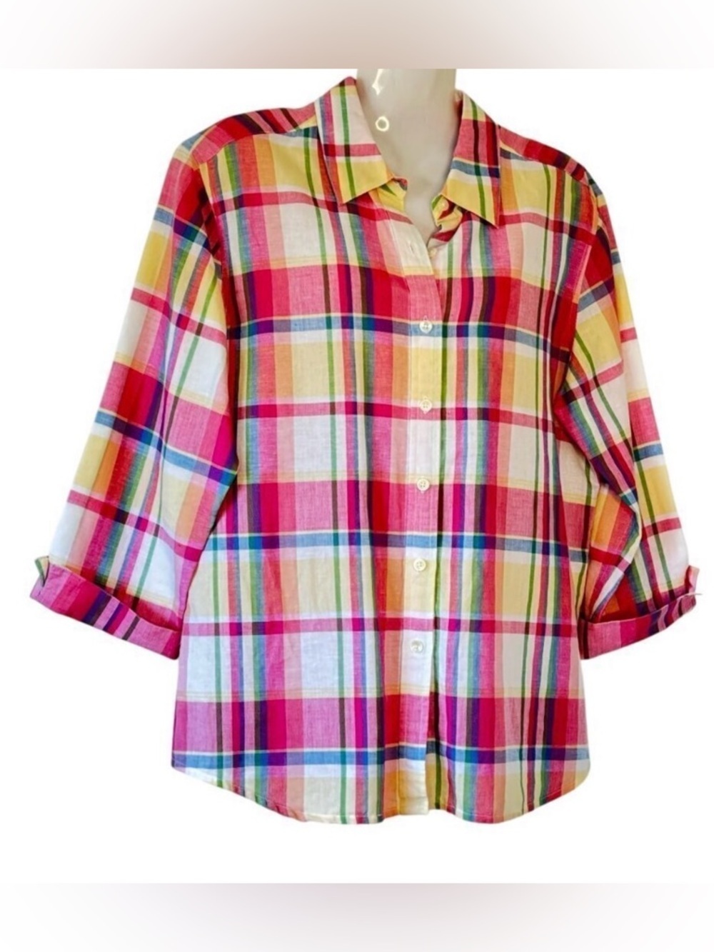 Talbots Irish Linen Madras Plaid Button Down Crisp Linen Pink and Blue Women's M